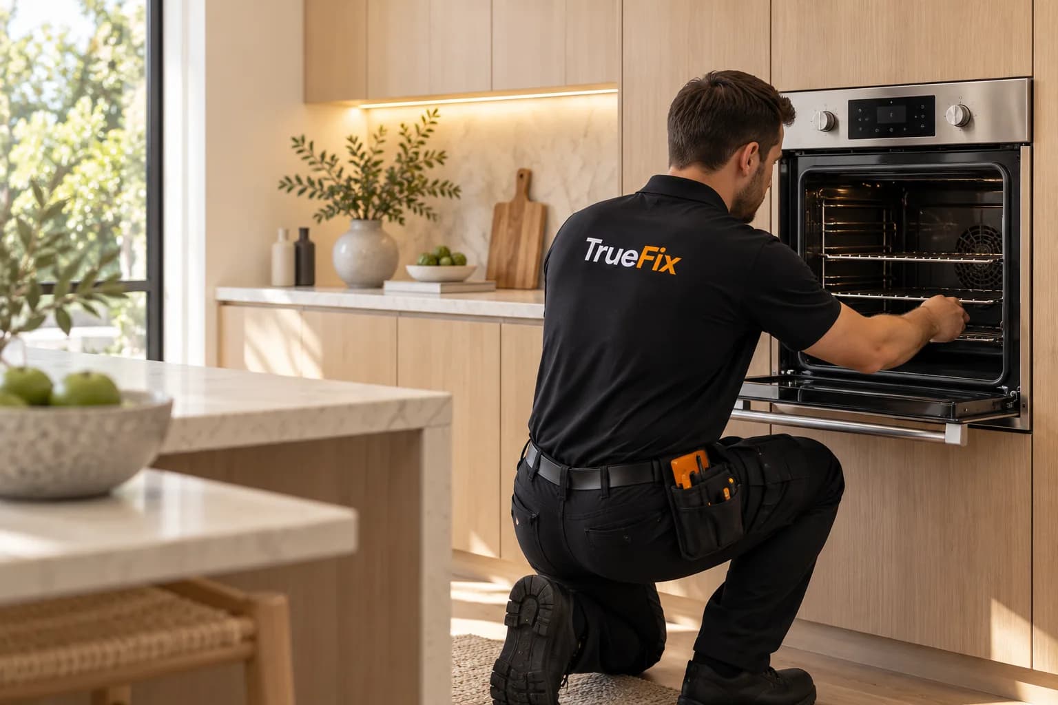 Illustration of a technician inspecting a built-in wall oven