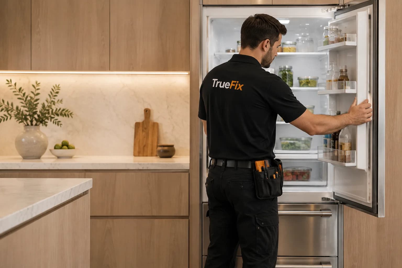 Illustration of a TrueFix technician caring for a built-in refrigerator