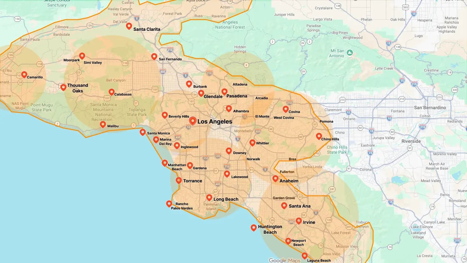 Map showing highlighted appliance repair service areas across Greater Los Angeles and nearby communities