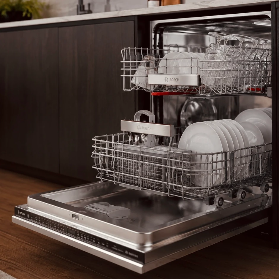 Open dishwasher with loaded racks