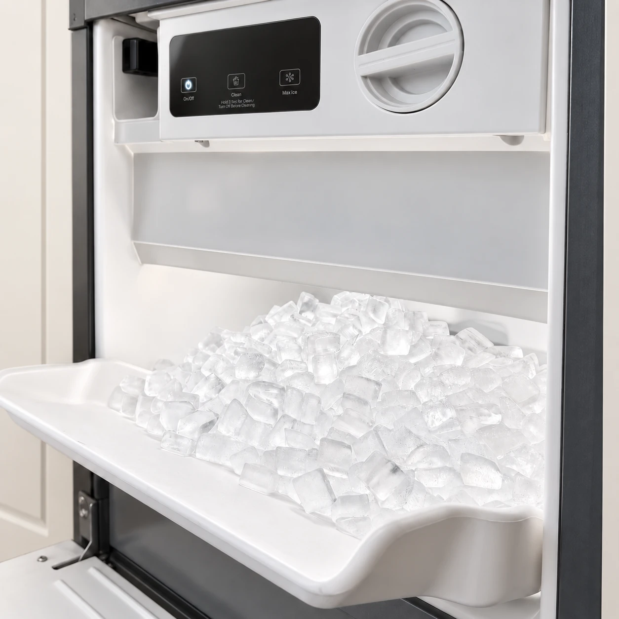 Open ice maker with a full ice storage bin