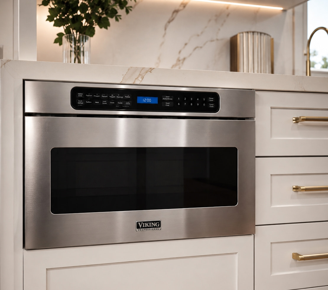Built-in stainless steel microwave in a bright kitchen