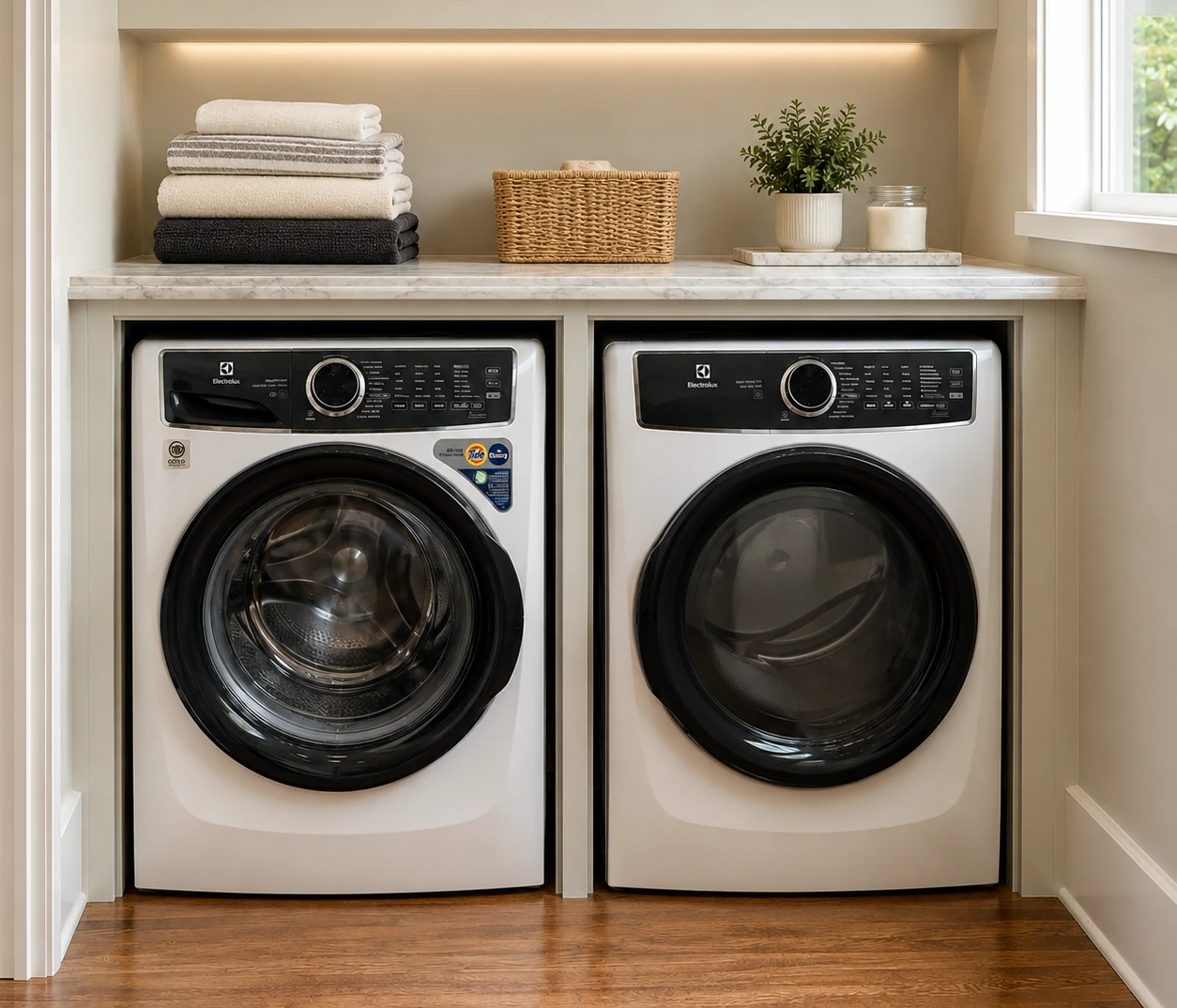 Front-loading washer and dryer in a laundry room