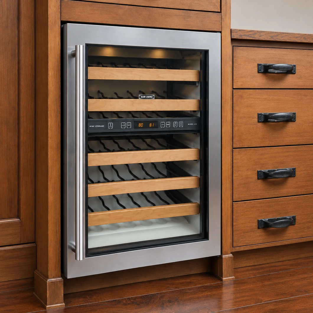 Built-in wine cooler with wooden bottle racks